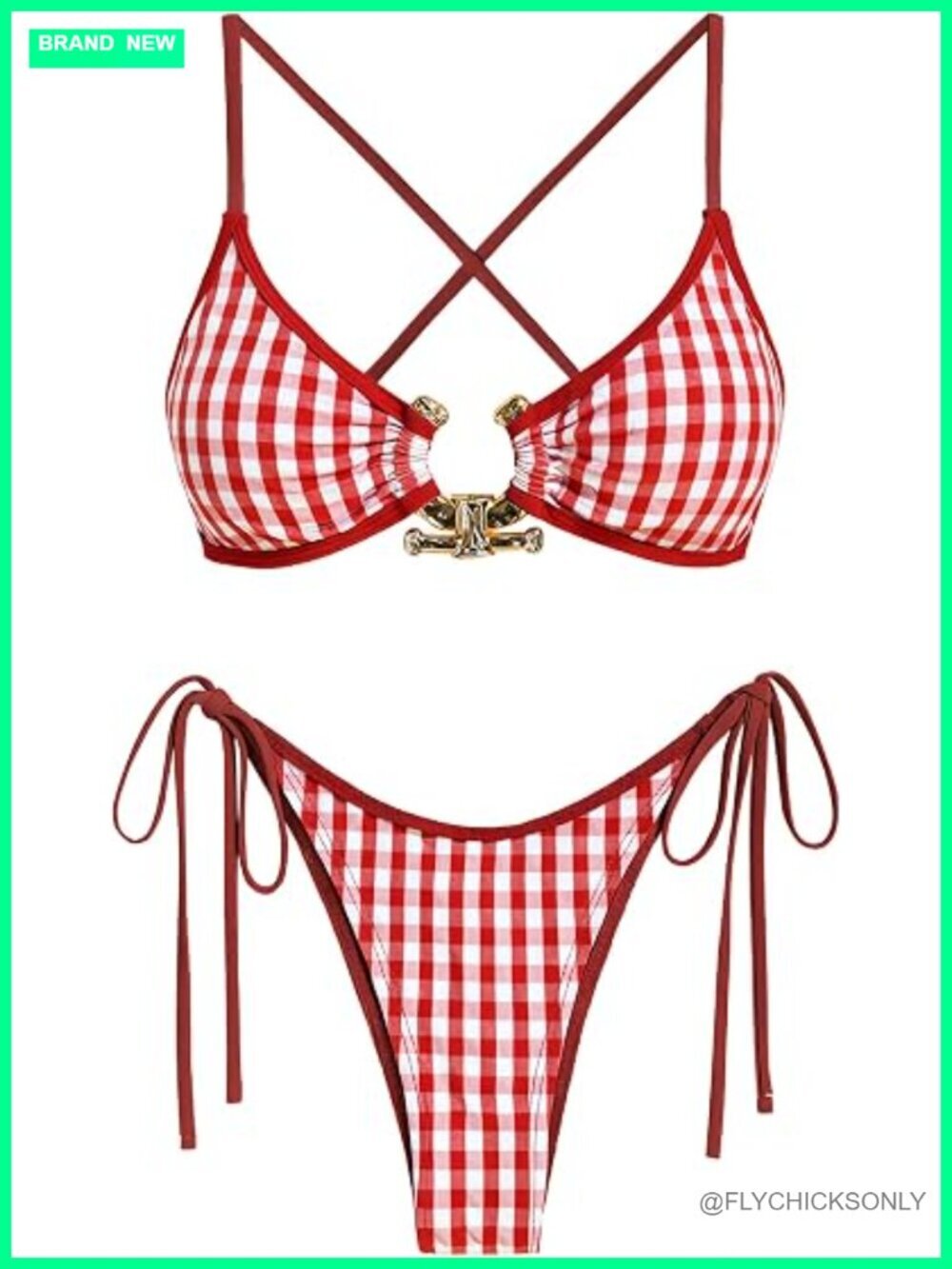 Ribbed Metal O Ring Criss Cross Triangle Bikini Set with Removable Pads High